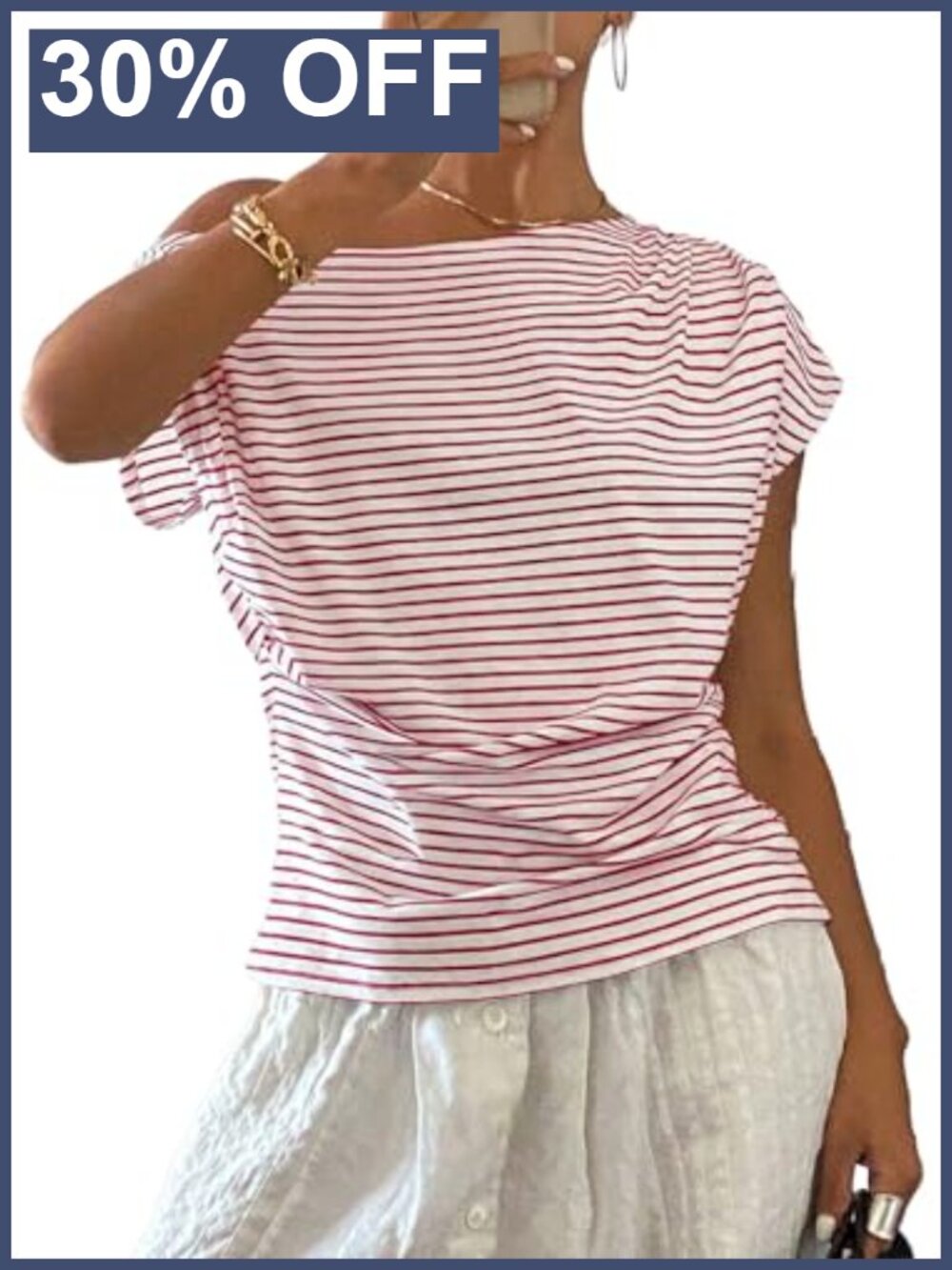 Women's Summer Striped Off Shoulder Ruch Top Cotton Blend Loose Fit